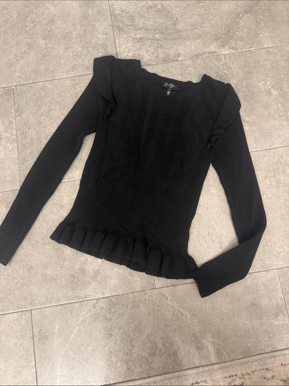 Jessica Simpson Black with Shimmer Ruffle-Hem Long Sleeve Knit Top